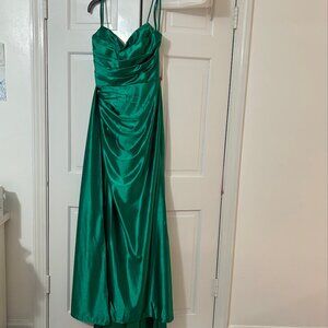 Shiny Silk Satin Fitted Cowl Neck Slit Prom Dress with Side Drape